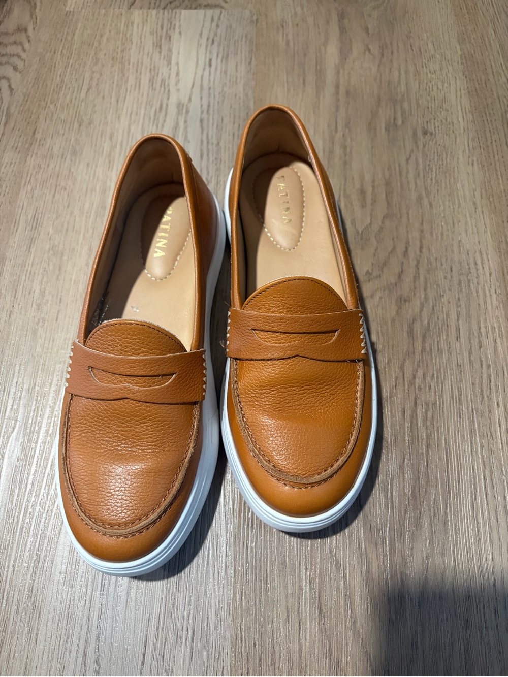 Patina Cognac Penny Loafers with White Platform